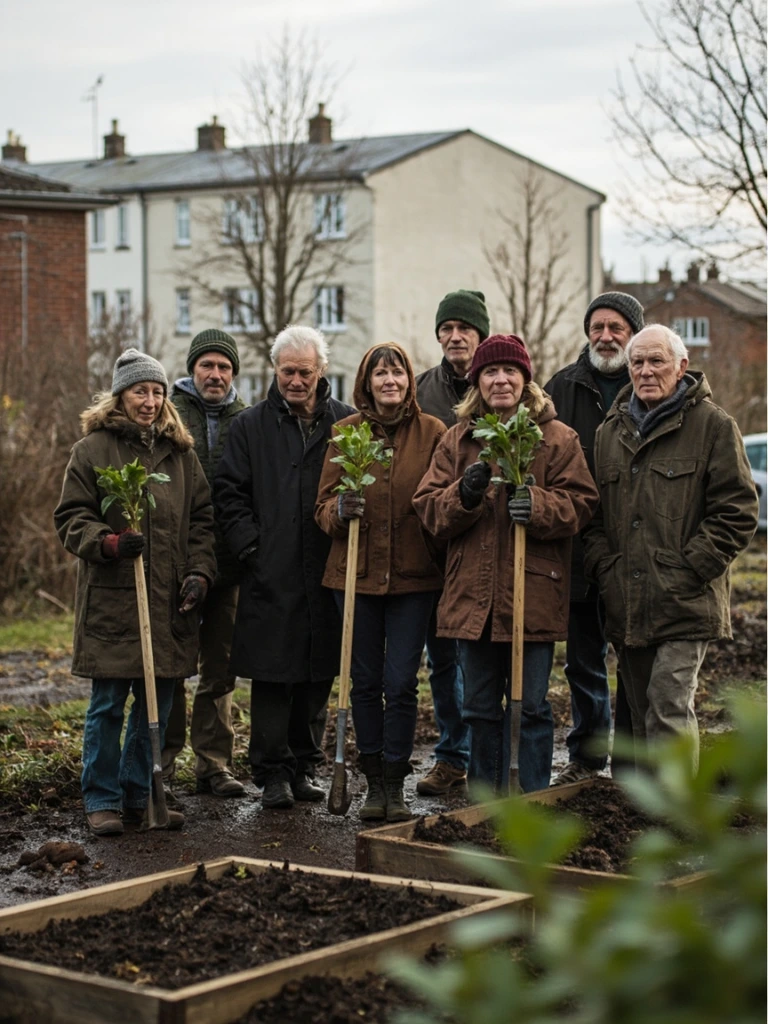 Sju naboer på Løren samlet rundt et nytt pallekarm-bed med rabarbra-planter.